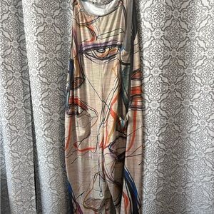 Abstract Face-Print Sleeveless Maxi Dress in Beige and Multicolor